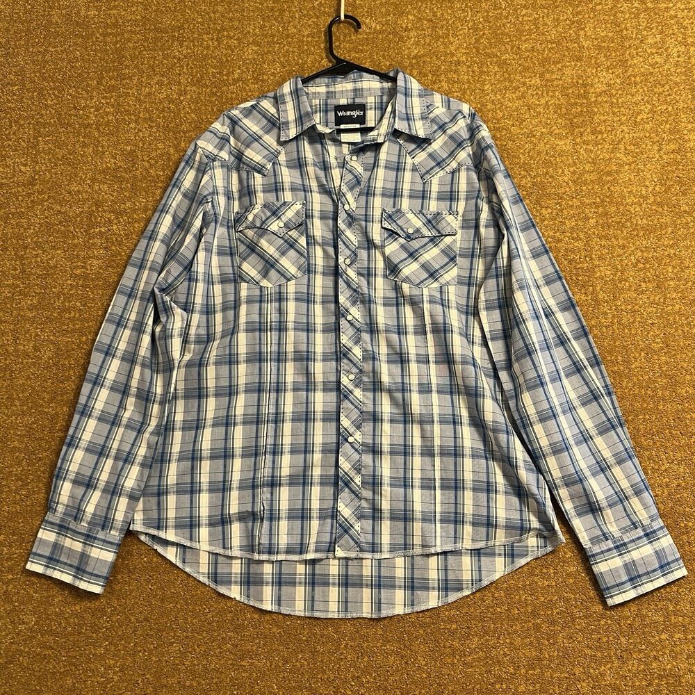 Wrangler Pearl Snap Wester Button Down Shirt Mens XL Blue Embroidered